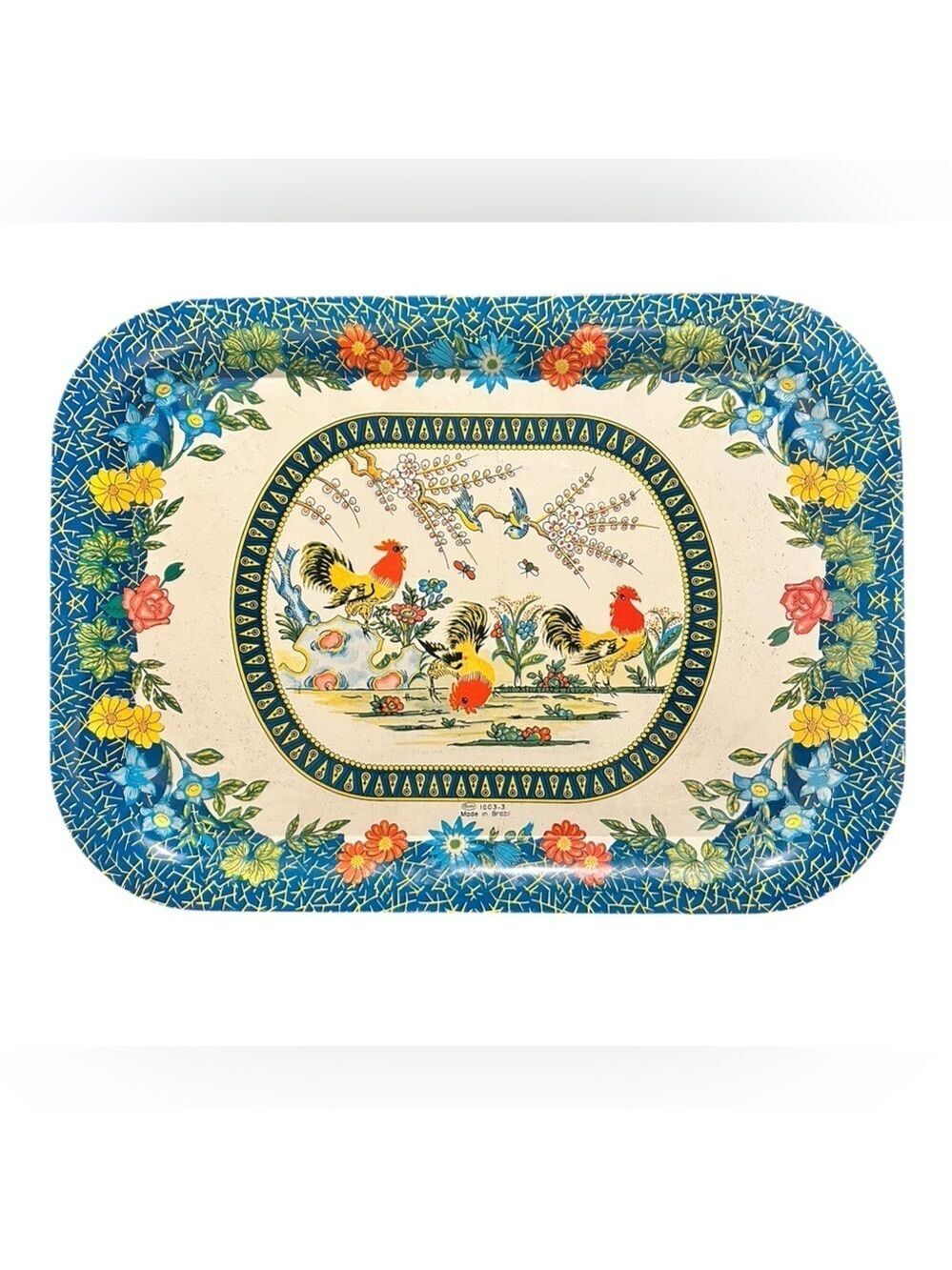 Vintage Meister Metalware Serving Tray Roosters Bluebirds Hens Flowers Brazil
